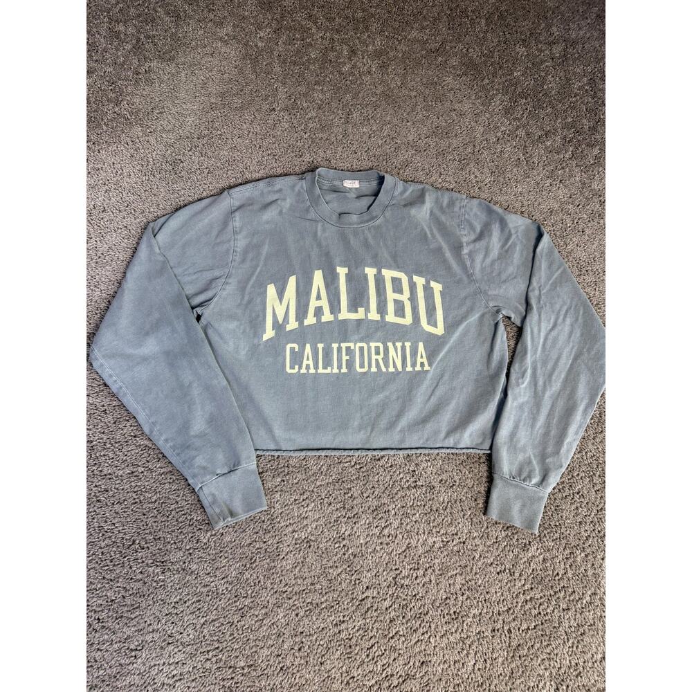 John Galt Shirt Womens L Green Cropped Long Sleeve Crew Neck Malibu California